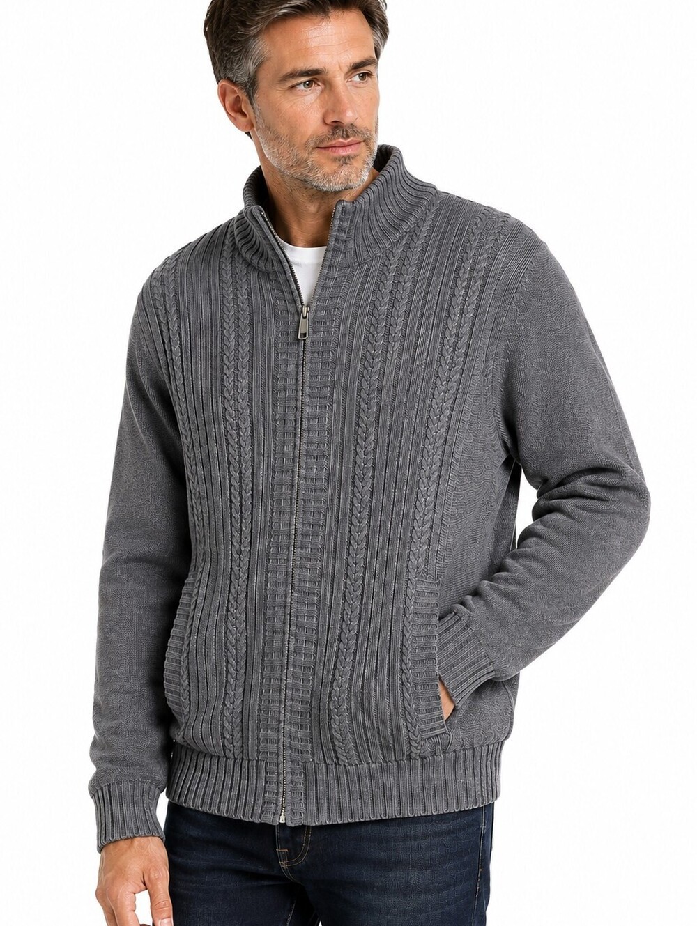 Emanuel Ungaro Men's Full Zip Knit Sweater Jacket Heavy Sherpa Lined Gray - XL